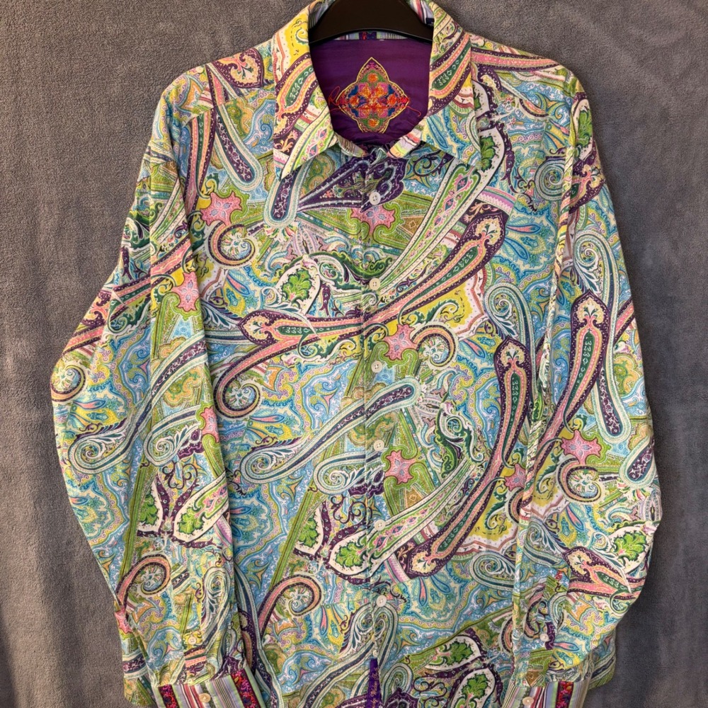 Robert Graham Mens XL Paisley Button Down Shirt Silk Trim Multi Psychedelic